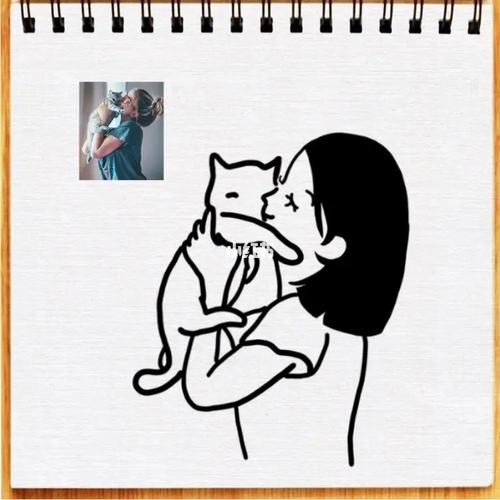 女生抱猫黑白卡通头像