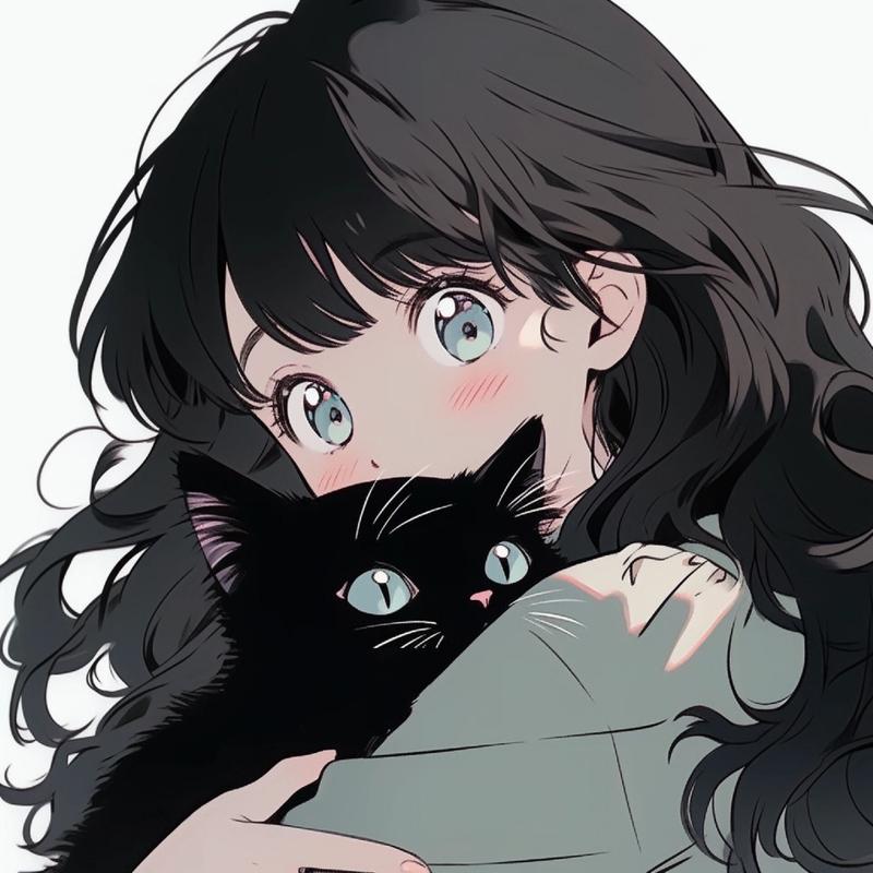 一只黑色猫和一个女孩的情侣头像