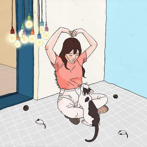 女孩和猫的插画头像