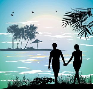 情侣头像一男一女牵手在沙滩上